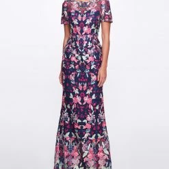 Marchesa Notte New Arrivals Short Sleeve Embroidered Tulle Gown