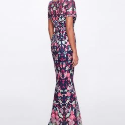 Marchesa Notte New Arrivals Short Sleeve Embroidered Tulle Gown