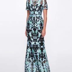 Marchesa Notte Short Sleeve Embroidered Tulle Gown