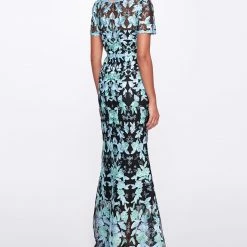 Marchesa Notte Short Sleeve Embroidered Tulle Gown