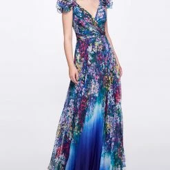 Marchesa Notte Pleated Chiffon Gown