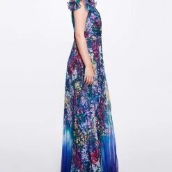 Marchesa Notte Pleated Chiffon Gown