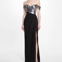 Marchesa Notte New Arrivals Off The Shoulder High Slit Gown