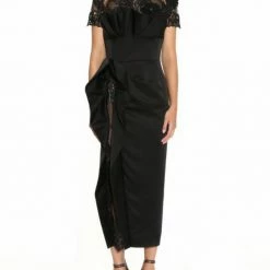 Marchesa Short Sleeve Draped Bodice Cocktail Dress