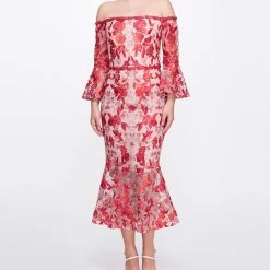 Marchesa Notte Embroidered Tulle Tea-Length Dress