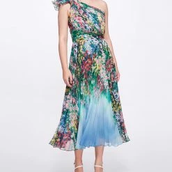 Marchesa Notte New Arrivals Pleated Chiffon Tea-Length Gown