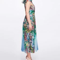 Marchesa Notte New Arrivals Pleated Chiffon Tea-Length Gown
