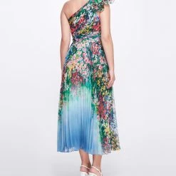 Marchesa Notte New Arrivals Pleated Chiffon Tea-Length Gown