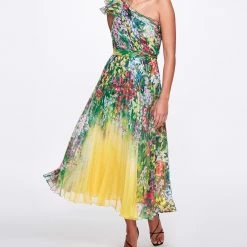 Marchesa Notte New Arrivals Pleated Chiffon Tea-Length Gown