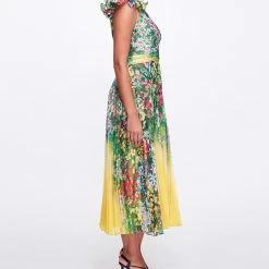 Marchesa Notte New Arrivals Pleated Chiffon Tea-Length Gown