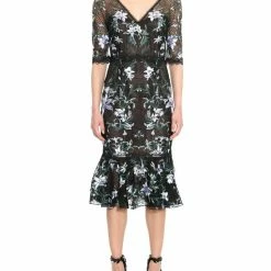 Marchesa Notte Short Sleeve Embroidered Cocktail