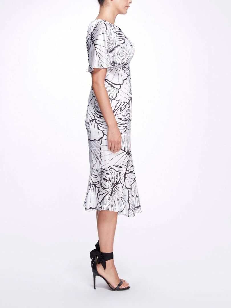 Marchesa Notte Flutter Sleeve Ruffle Dress