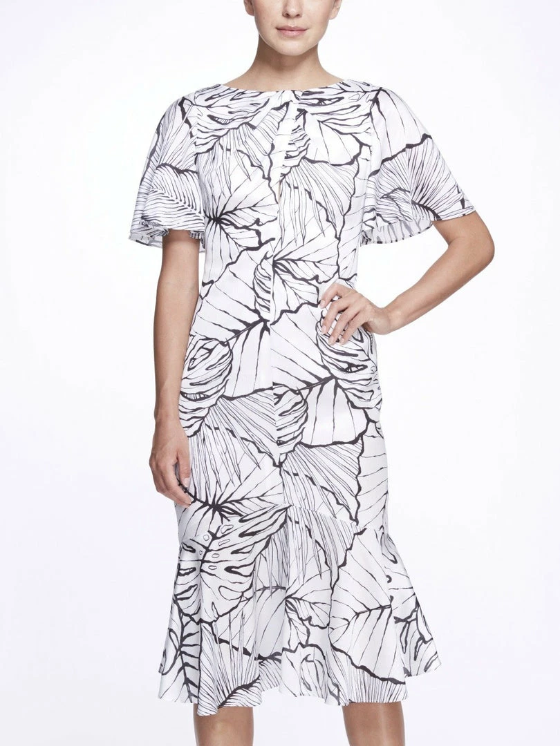 Marchesa Notte Flutter Sleeve Ruffle Dress