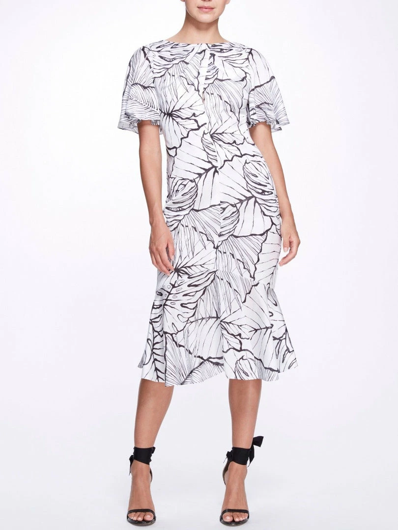 Marchesa Notte Flutter Sleeve Ruffle Dress