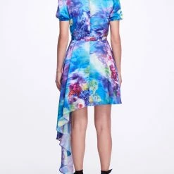 Marchesa Notte Short Sleeve Asymmetrical Mini Dress