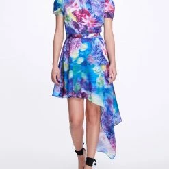 Marchesa Notte Short Sleeve Asymmetrical Mini Dress
