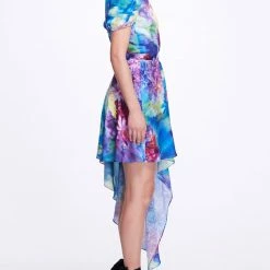 Marchesa Notte Short Sleeve Asymmetrical Mini Dress
