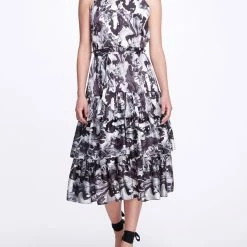 Marchesa Notte Pour Paint High Neck Ruffle Dress