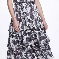 Marchesa Notte Pour Paint High Neck Ruffle Dress