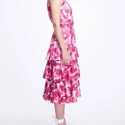 Marchesa Notte Pour Paint High Neck Ruffle Dress