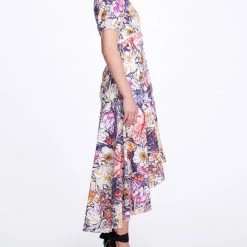 Marchesa Notte Floral Eyelet High Low Midi Dress