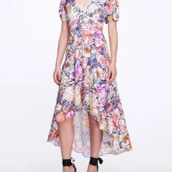 Marchesa Notte Floral Eyelet High Low Midi Dress