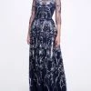 Marchesa Notte ¾ Sleeve Boat Neck Sequin Gown