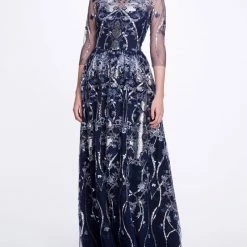 Marchesa Notte ¾ Sleeve Boat Neck Sequin Gown