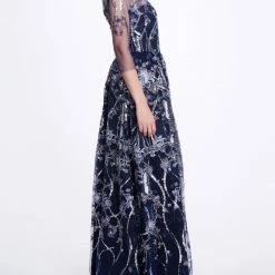 Marchesa Notte ¾ Sleeve Boat Neck Sequin Gown