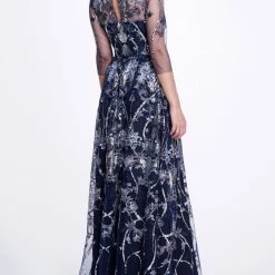 Marchesa Notte ¾ Sleeve Boat Neck Sequin Gown