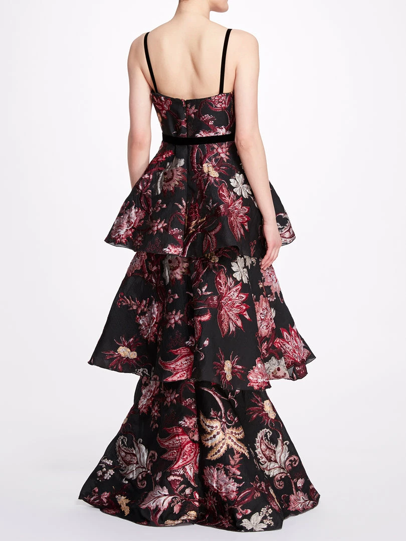 Marchesa Notte 3-Tiered Sleeveless Velvet Gown