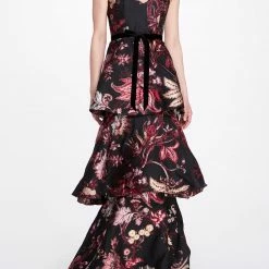 Marchesa Notte 3-Tiered Sleeveless Velvet Gown