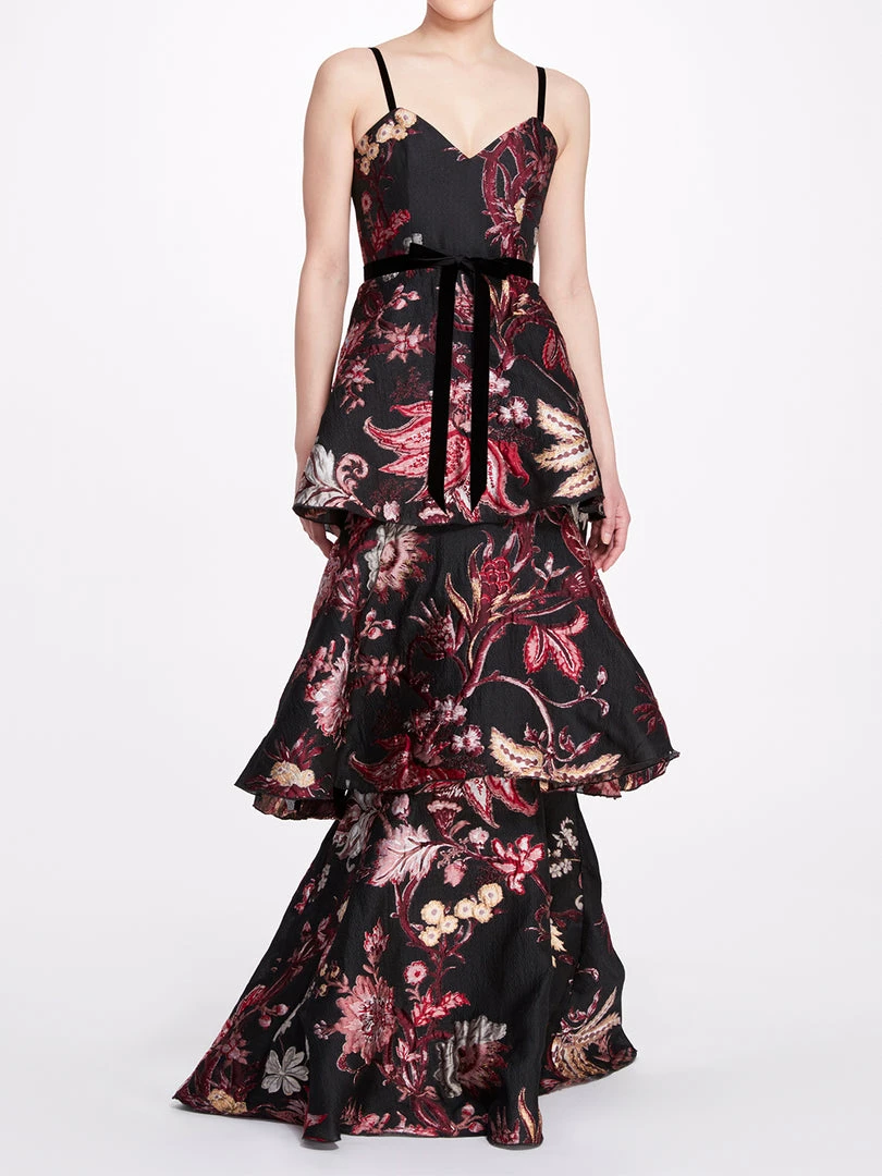 Marchesa Notte 3-Tiered Sleeveless Velvet Gown