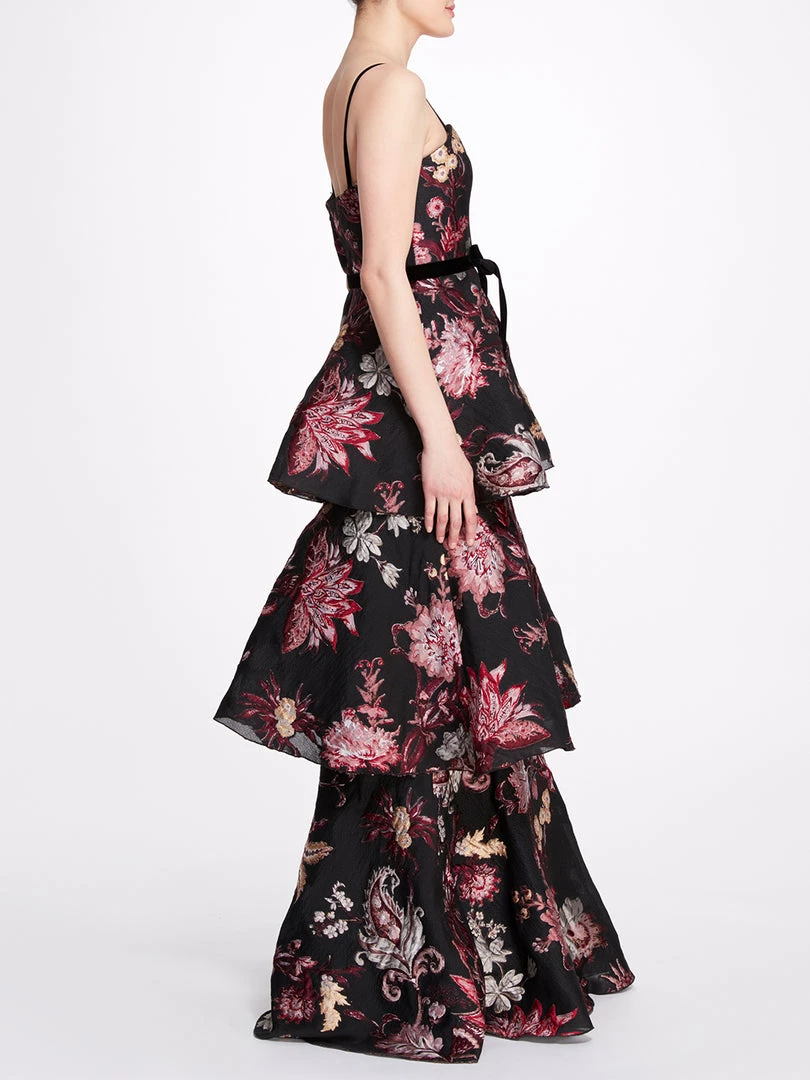 Marchesa Notte 3-Tiered Sleeveless Velvet Gown