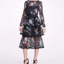 Marchesa Notte Tiered Floral Print Midi Dress