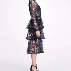 Marchesa Notte Tiered Floral Print Midi Dress
