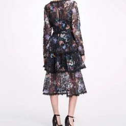 Marchesa Notte Tiered Floral Print Midi Dress