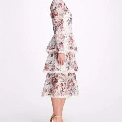 Marchesa Notte Tiered Floral Print Midi Dress