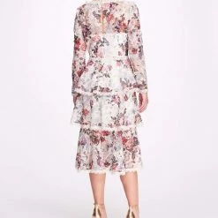 Marchesa Notte Tiered Floral Print Midi Dress