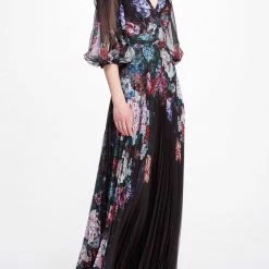 Marchesa Notte Floral V Neck Gown