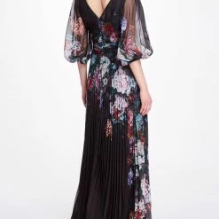 Marchesa Notte Floral V Neck Gown