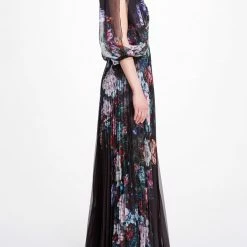 Marchesa Notte Floral V Neck Gown