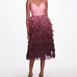 Marchesa Notte Tiered Ruffle Midi Dress