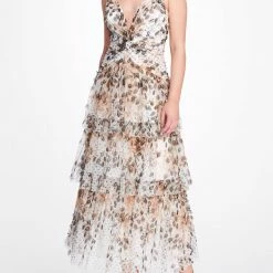 Marchesa Notte Tiered Printed Cocktail Dress