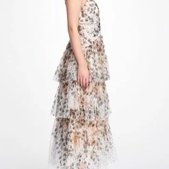 Marchesa Notte Tiered Printed Cocktail Dress