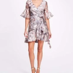 Marchesa Notte Printed Floral Fil Coupe Wrap Dress