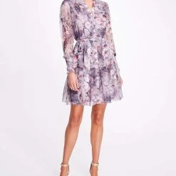 Marchesa Notte Floral Printed Chiffon Day Dress
