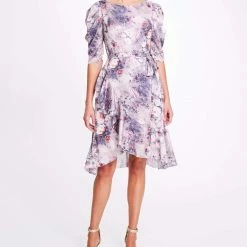 Marchesa Notte Floral Textured Charmeuse Wrap Dress