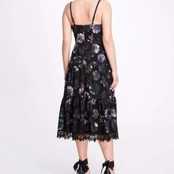 Marchesa Notte Dutch Floral Printed Chiffon Guipure Midi Dress