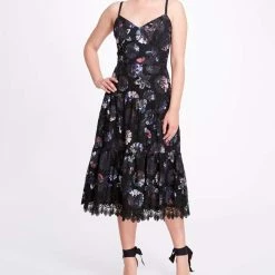 Marchesa Notte Dutch Floral Printed Chiffon Guipure Midi Dress